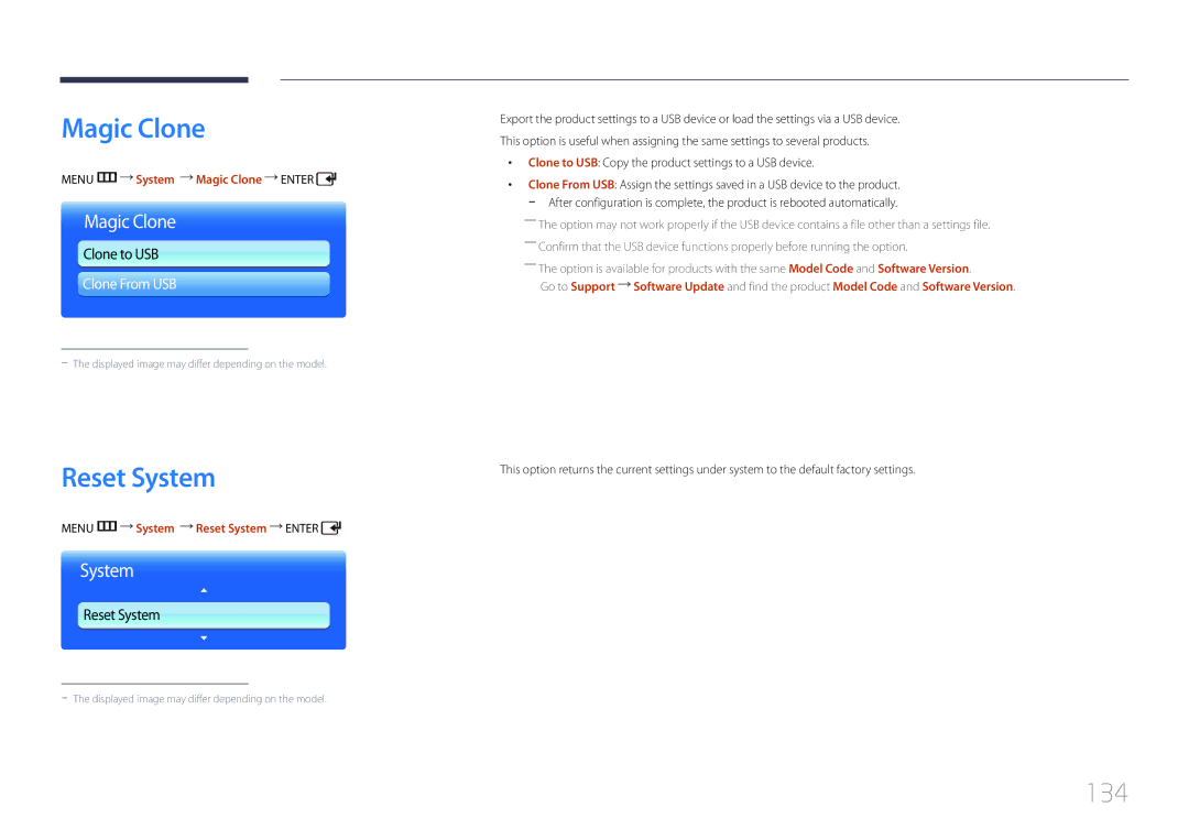 Samsung LH55UDDPLBB/NG, LH55UDDPLBB/EN manual 134, Menu m System Magic Clone Enter, Menu m System Reset System Enter 