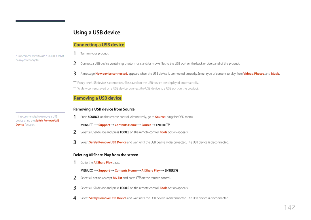 Samsung LH55UDDPLBB/XT, LH55UDDPLBB/EN manual 142, Using a USB device, Connecting a USB device, Removing a USB device 