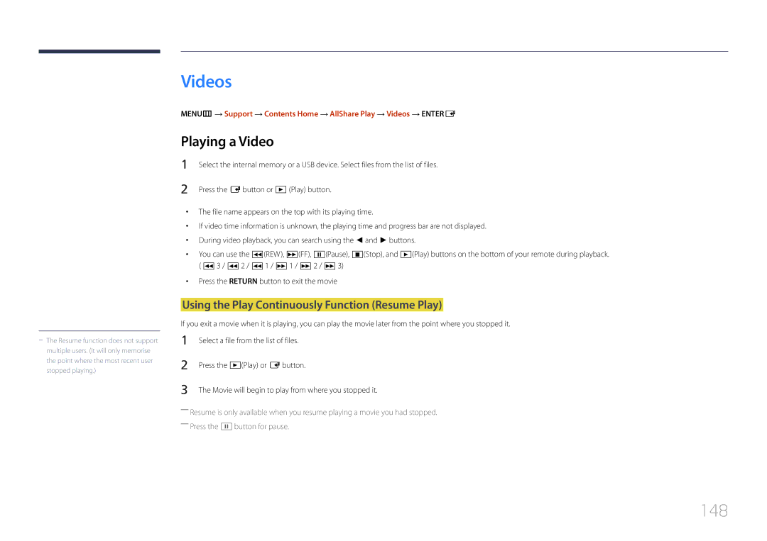 Samsung LH55UDDPLBB/XT, LH55UDDPLBB/EN manual Videos, 148, Playing a Video, Using the Play Continuously Function Resume Play 