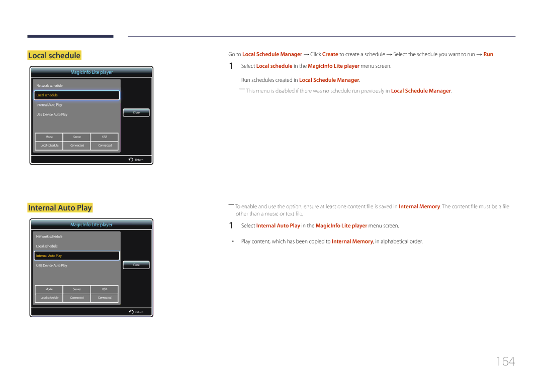 Samsung LH55UDDPLBB/NG, LH55UDDPLBB/EN, LH55UDDPLBP/EN, LH55UDDPLBB/UE manual 164, Local schedule, Internal Auto Play 