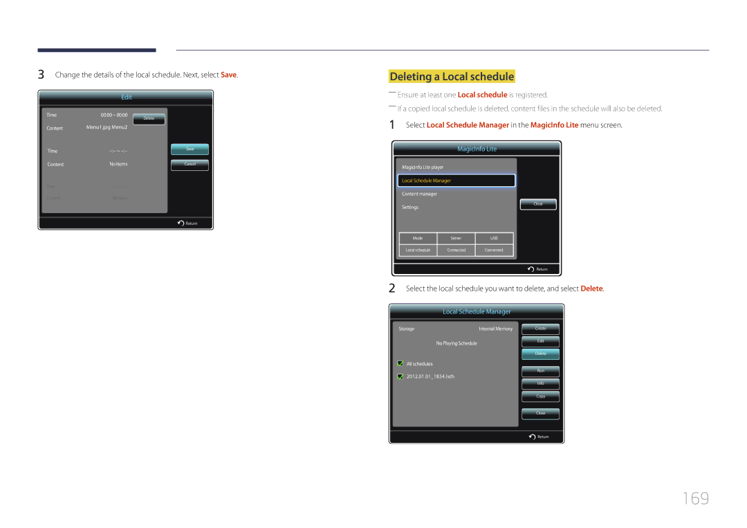 Samsung LH55UDDPLBP/EN, LH55UDDPLBB/EN, LH55UDDPLBB/NG, LH55UDDPLBB/UE, LH55UDDPLBB/XT manual 169, Deleting a Local schedule 