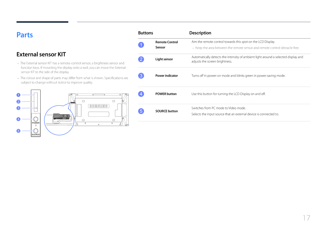 Samsung LH55UDDPLBB/XY, LH55UDDPLBB/EN, LH55UDDPLBP/EN, LH55UDDPLBB/NG manual Parts, External sensor KIT, Buttons Description 