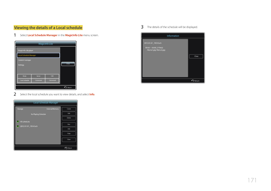 Samsung LH55UDDPLBB/UE manual 171, Viewing the details of a Local schedule, Details of the schedule will be displayed 