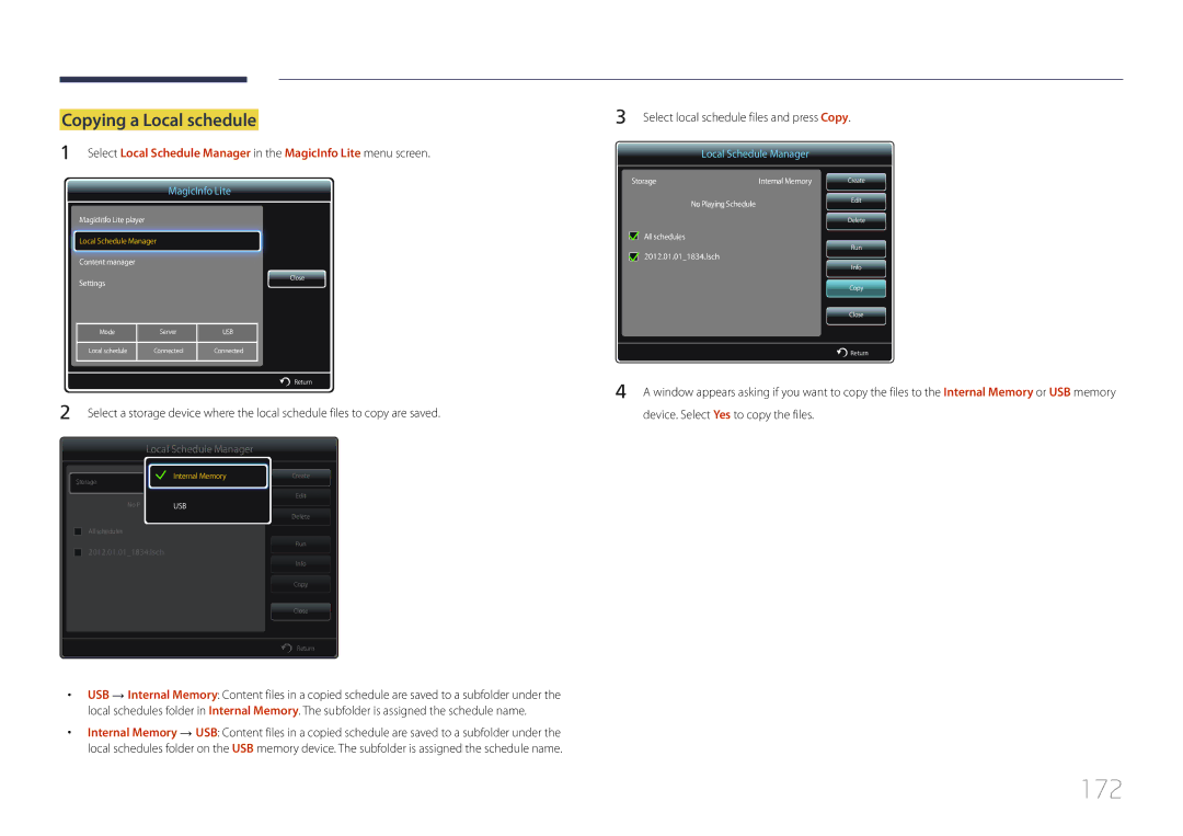 Samsung LH55UDDPLBB/XT, LH55UDDPLBB/EN manual 172, Copying a Local schedule, Select local schedule files and press Copy 