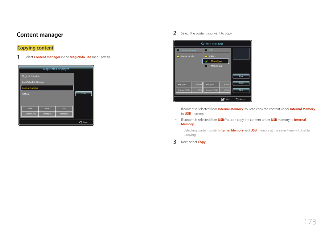 Samsung LH55UDDPLBB/XY, LH55UDDPLBB/EN 173, Copying content, Select Content manager in the MagicInfo Lite menu screen 