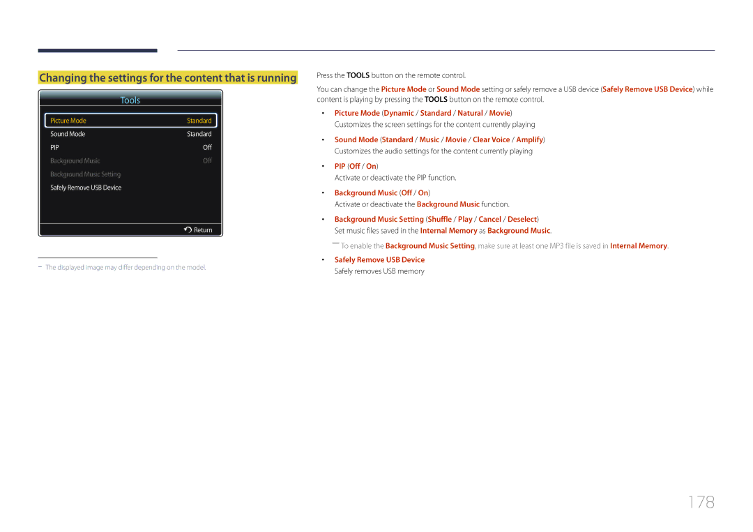 Samsung LH55UDDPLBB/XT manual 178, PIP Off / On, Activate or deactivate the PIP function, Background Music Off / On 