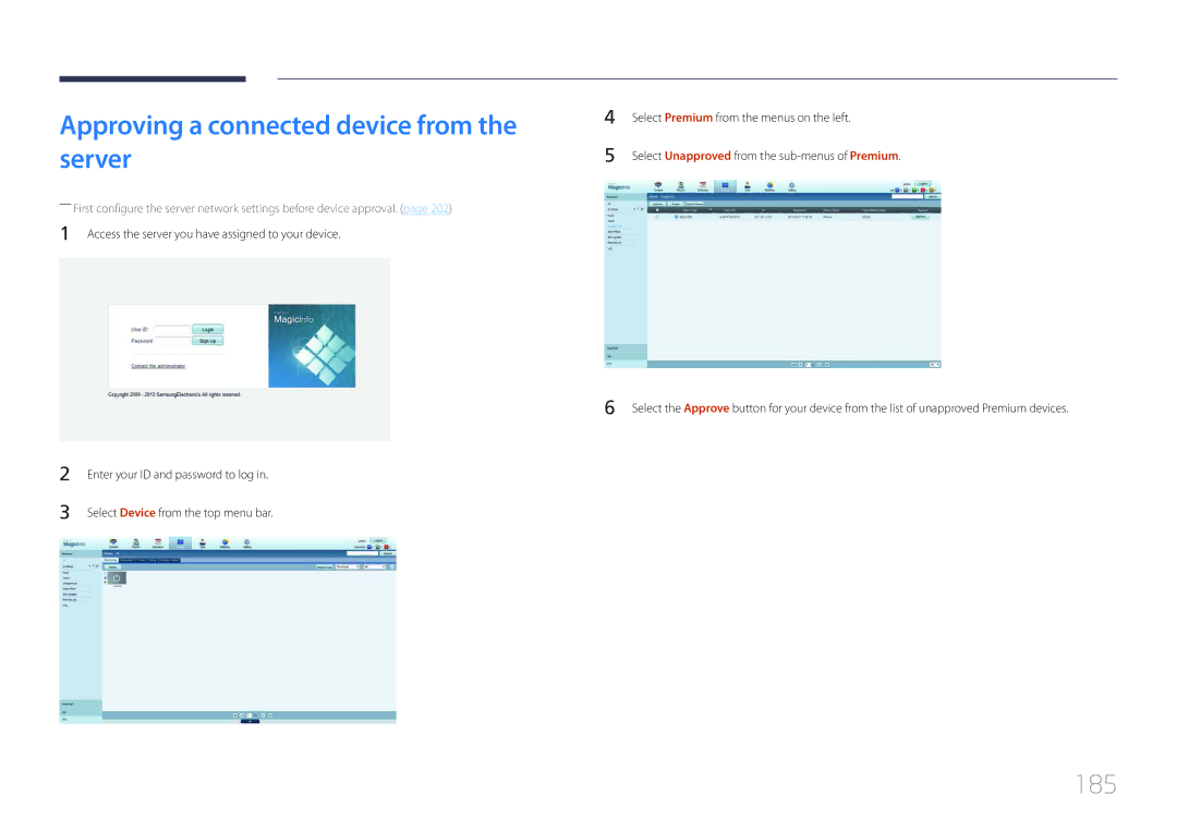 Samsung LH55UDDPLBB/XY, LH55UDDPLBB/EN, LH55UDDPLBP/EN, LH55UDDPLBB/NG Approving a connected device from the server, 185 