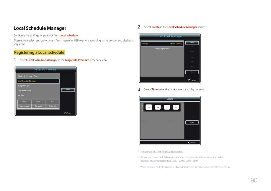 Samsung LH55UDDPLBB/XT, LH55UDDPLBB/EN, LH55UDDPLBP/EN, LH55UDDPLBB/NG, LH55UDDPLBB/UE manual 190, Local Schedule Manager 