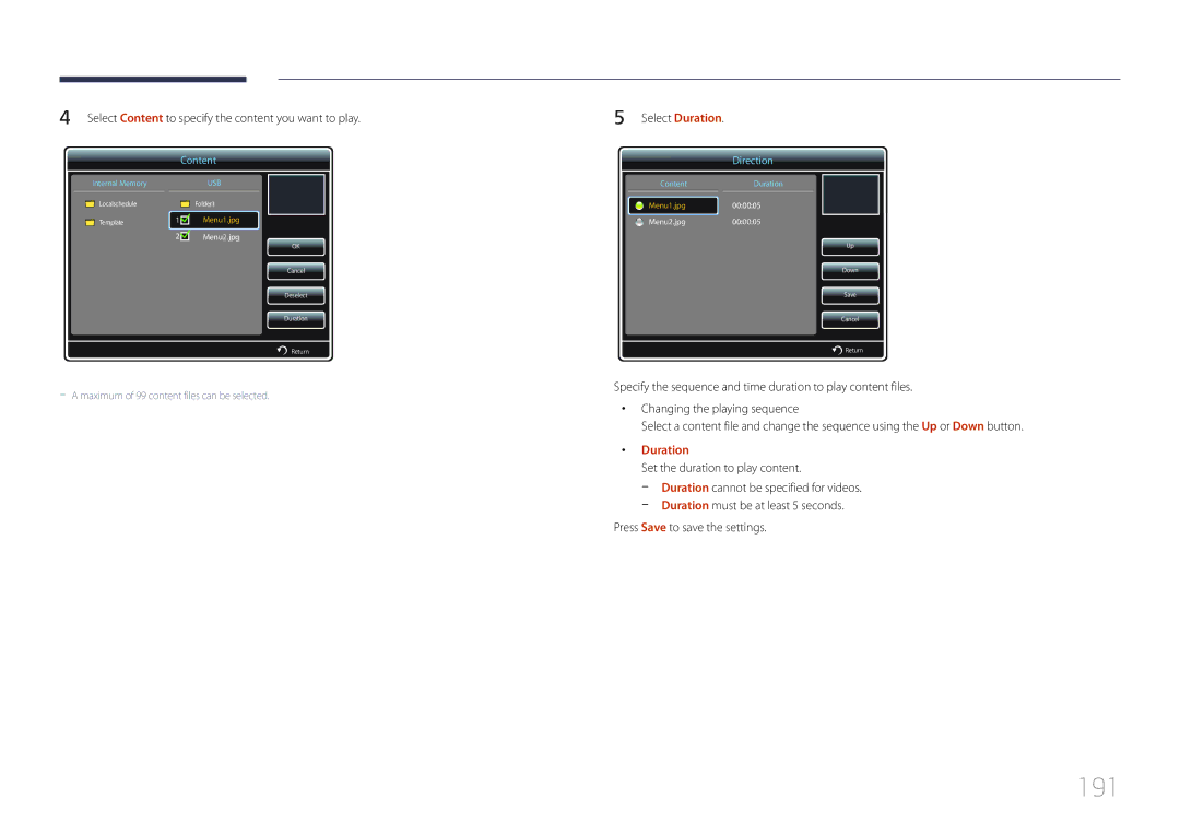 Samsung LH55UDDPLBB/XY, LH55UDDPLBB/EN, LH55UDDPLBP/EN manual 191, Select Content to specify the content you want to play 