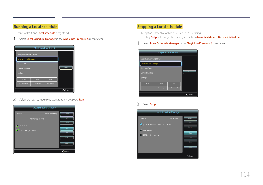 Samsung LH55UDDPLBB/NG, LH55UDDPLBB/EN, LH55UDDPLBP/EN, LH55UDDPLBB/UE, LH55UDDPLBB/XT manual 194, Running a Local schedule 