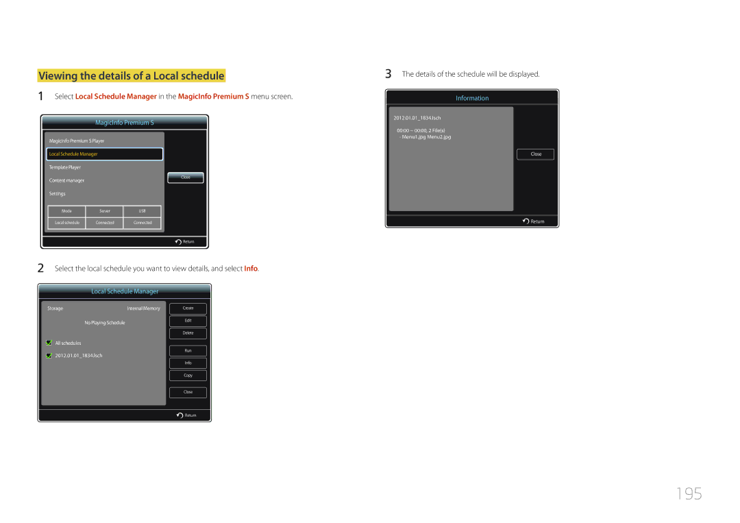 Samsung LH55UDDPLBB/UE, LH55UDDPLBB/EN, LH55UDDPLBP/EN, LH55UDDPLBB/NG manual 195, Viewing the details of a Local schedule 