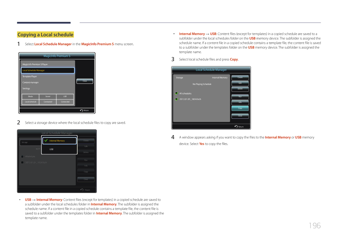 Samsung LH55UDDPLBB/XT, LH55UDDPLBB/EN, LH55UDDPLBP/EN, LH55UDDPLBB/NG, LH55UDDPLBB/UE manual 196, Copying a Local schedule 