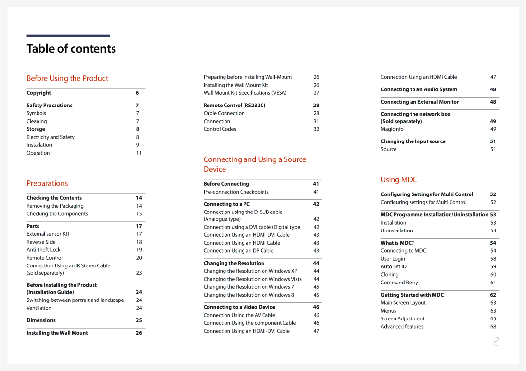 Samsung LH55UDDPLBB/NG, LH55UDDPLBB/EN, LH55UDDPLBP/EN, LH55UDDPLBB/UE, LH55UDDPLBB/XT, LH55UDDPLBB/XY manual Table of contents 