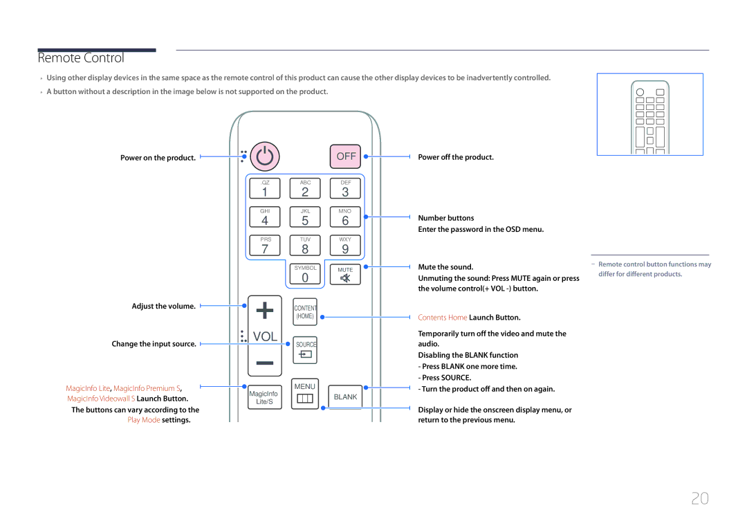 Samsung LH55UDDPLBB/NG, LH55UDDPLBB/EN, LH55UDDPLBP/EN, LH55UDDPLBB/UE manual Remote Control, Contents Home Launch Button 