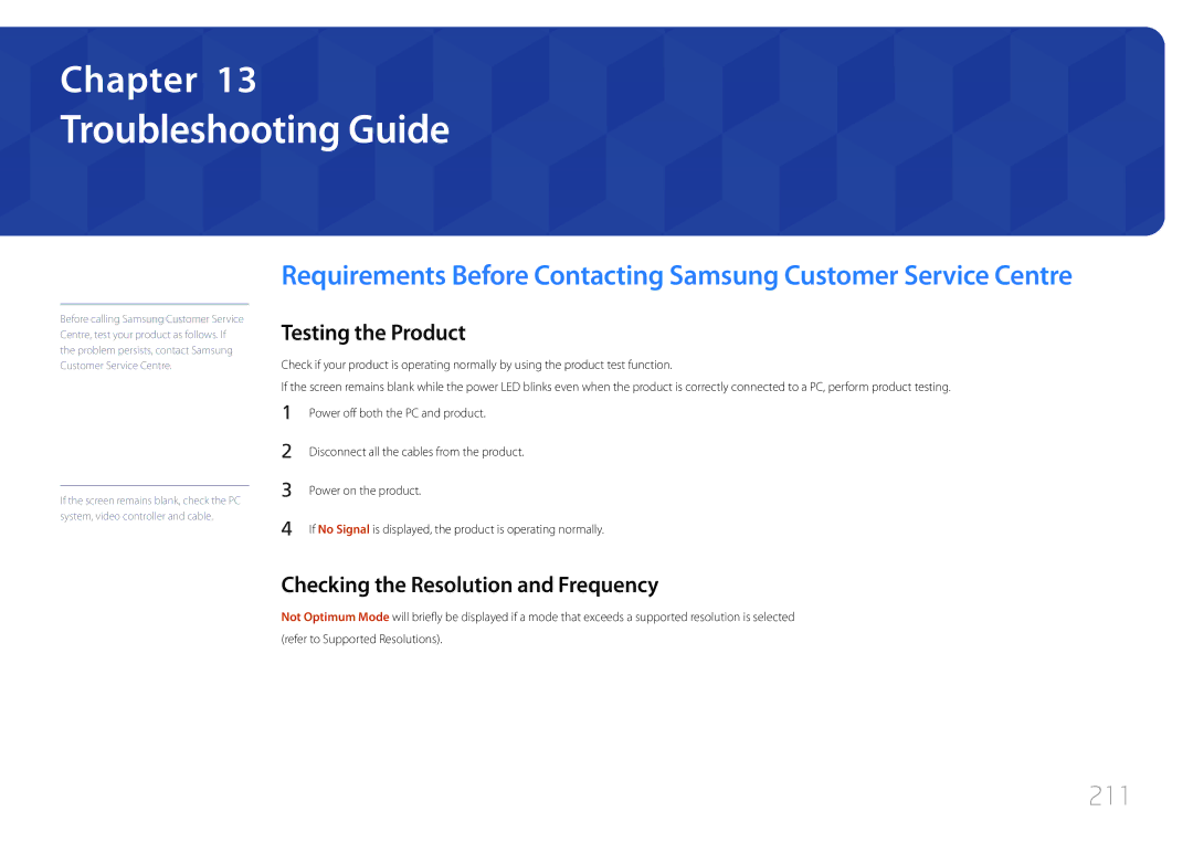 Samsung LH55UDDPLBP/EN manual Troubleshooting Guide, 211, Testing the Product, Checking the Resolution and Frequency 