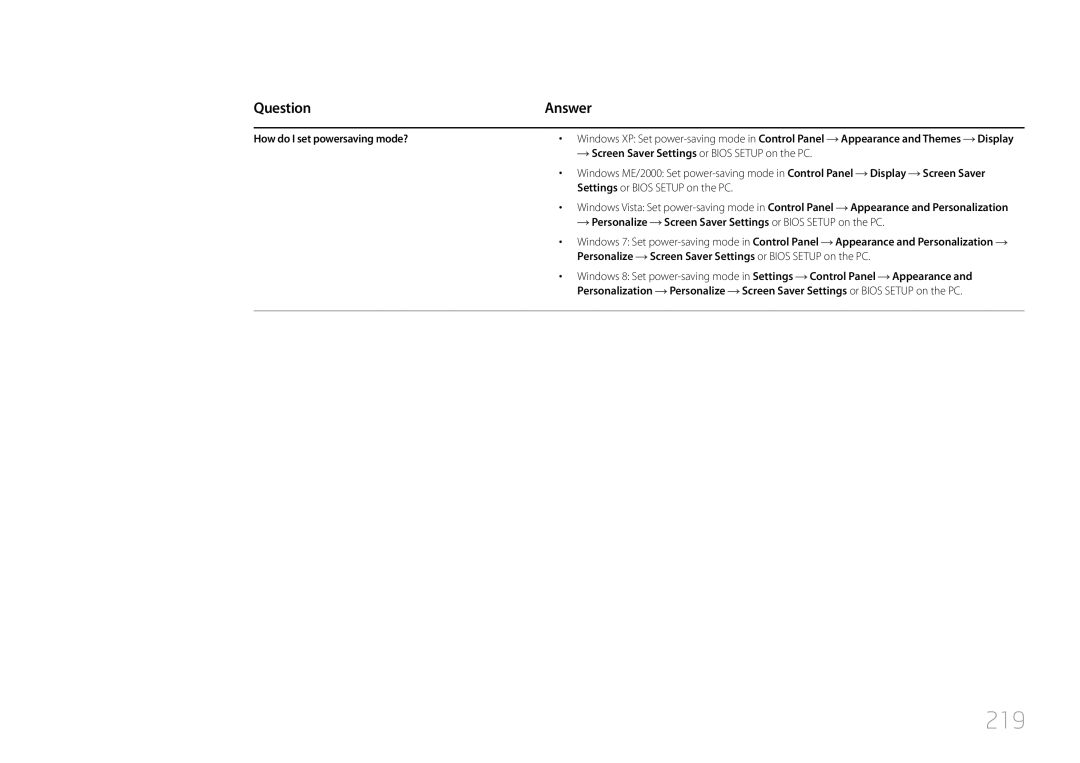 Samsung LH55UDDPLBB/UE, LH55UDDPLBB/EN 219, How do I set powersaving mode?, Screen Saver Settings or Bios Setup on the PC 