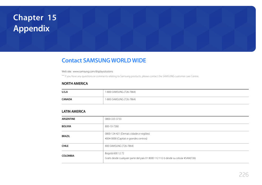 Samsung LH55UDDPLBB/XT, LH55UDDPLBB/EN, LH55UDDPLBP/EN, LH55UDDPLBB/NG manual Appendix, Contact Samsung World Wide, 226 