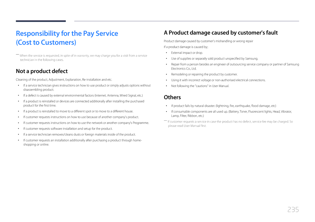 Samsung LH55UDDPLBP/EN, LH55UDDPLBB/EN manual 235, Not a product defect, Product damage caused by customers fault, Others 