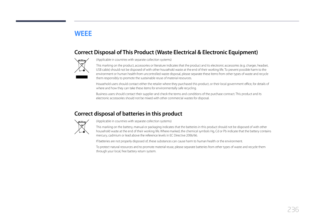 Samsung LH55UDDPLBB/NG, LH55UDDPLBB/EN, LH55UDDPLBP/EN, LH55UDDPLBB/UE 236, Correct disposal of batteries in this product 