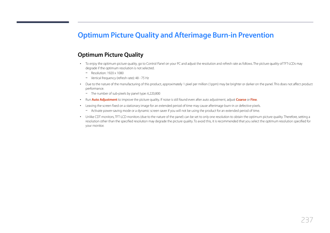 Samsung LH55UDDPLBB/UE, LH55UDDPLBB/EN, LH55UDDPLBP/EN manual Optimum Picture Quality and Afterimage Burn-in Prevention, 237 