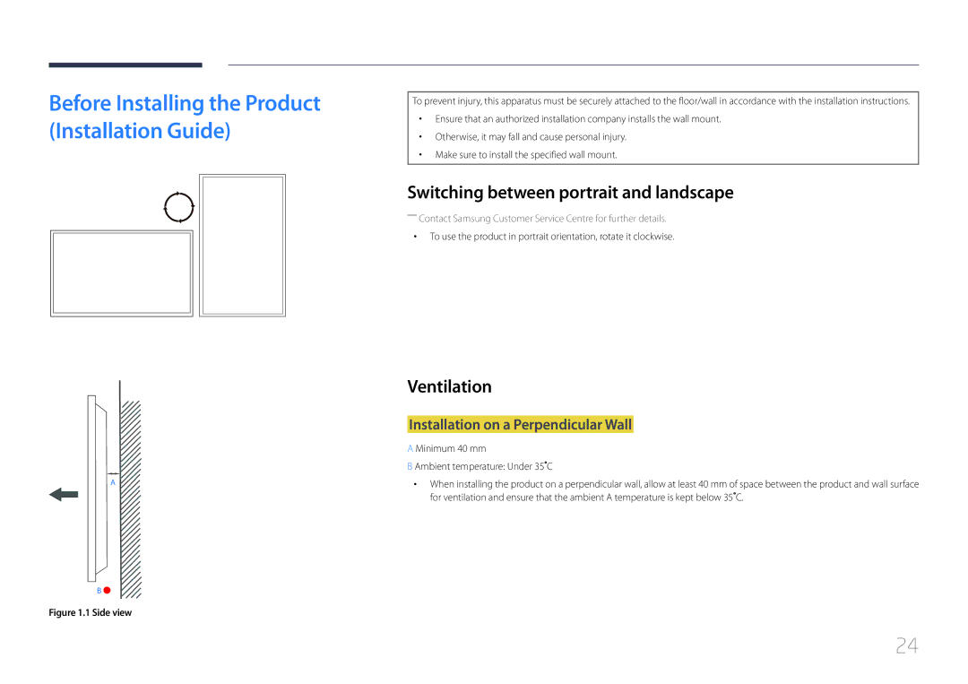 Samsung LH55UDDPLBB/EN manual Switching between portrait and landscape, Ventilation, Installation on a Perpendicular Wall 