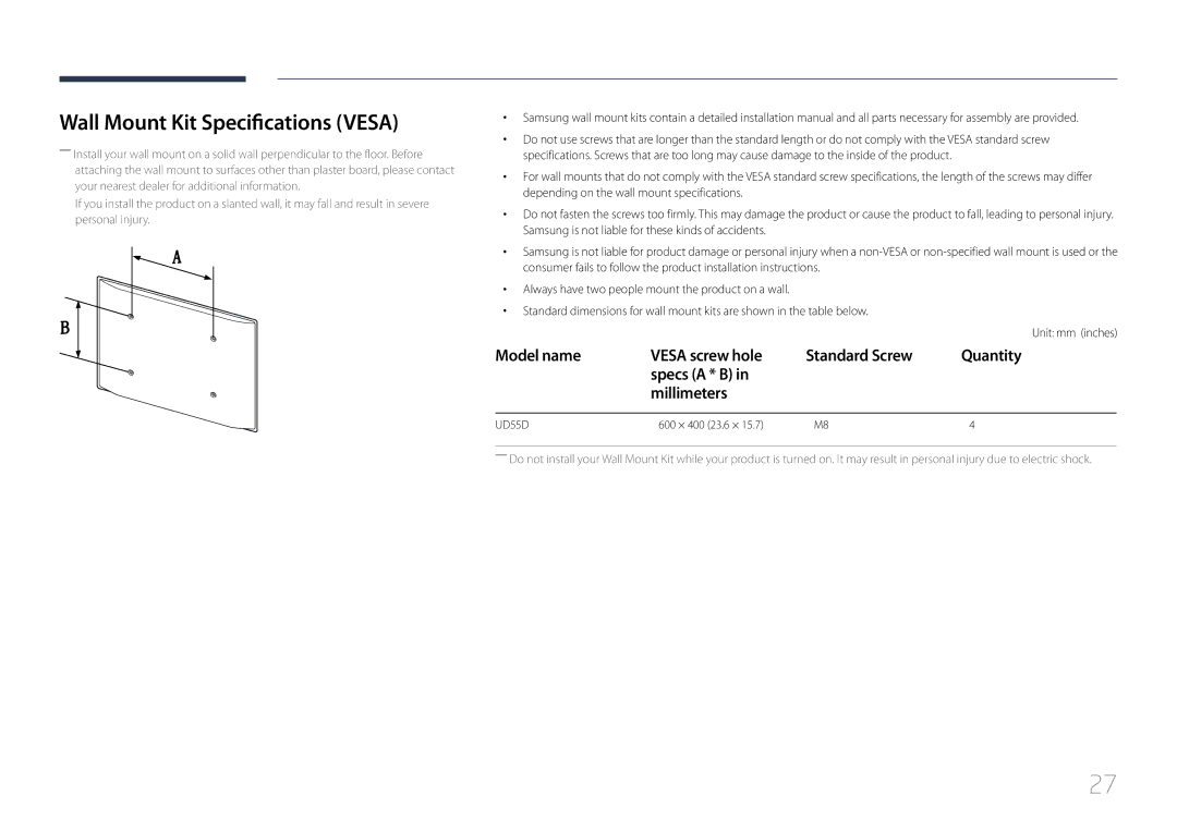 Samsung LH55UDDPLBB/UE, LH55UDDPLBB/EN, LH55UDDPLBP/EN, LH55UDDPLBB/NG manual Wall Mount Kit Specifications Vesa, UD55D 