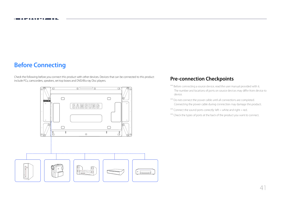 Samsung LH55UDDPLBB/XY, LH55UDDPLBB/EN Connecting and Using a Source Device, Before Connecting, Pre-connection Checkpoints 