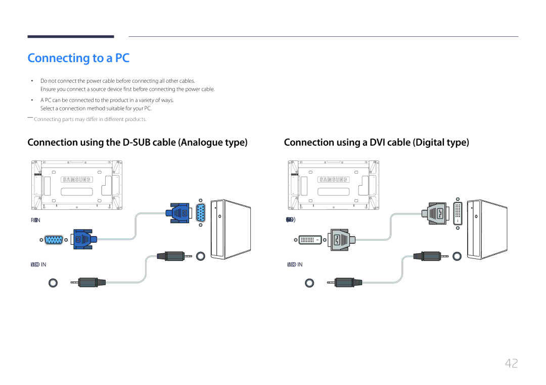 Samsung LH55UDDPLBB/EN, LH55UDDPLBP/EN, LH55UDDPLBB/NG Connecting to a PC, Connection using the D-SUB cable Analogue type 