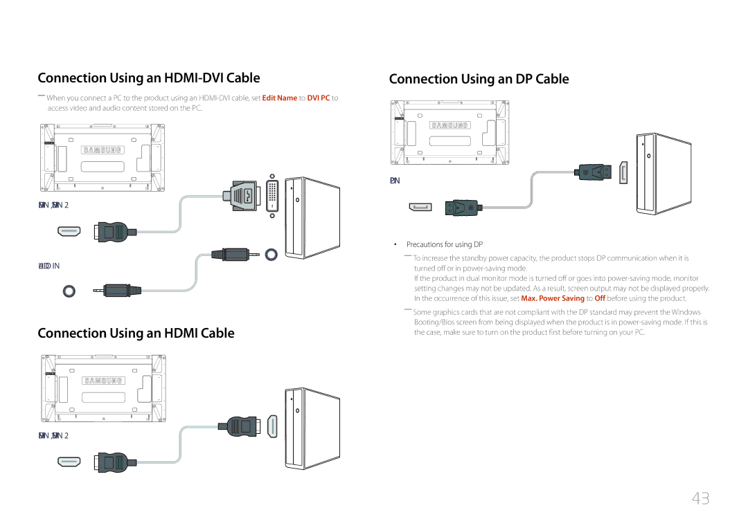 Samsung LH55UDDPLBP/EN Connection Using an HDMI-DVI Cable, Connection Using an Hdmi Cable, Connection Using an DP Cable 