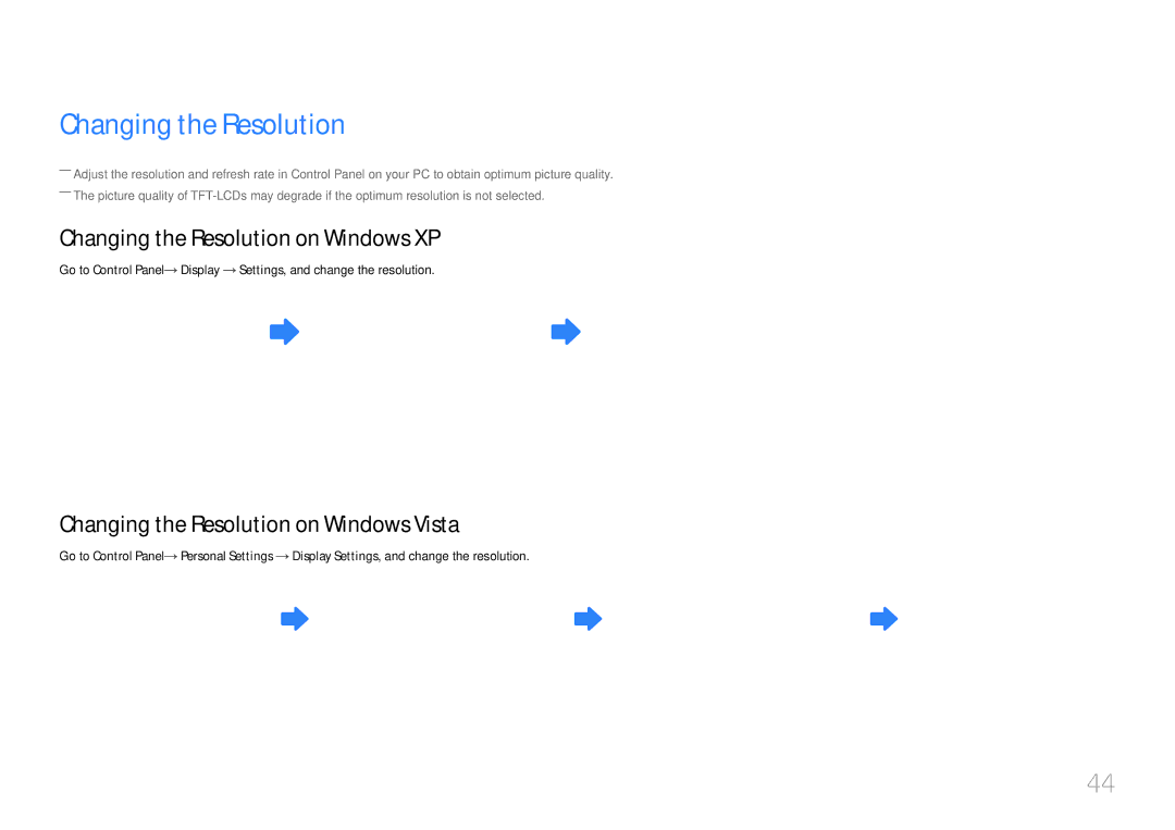 Samsung LH55UDDPLBB/NG, LH55UDDPLBB/EN Changing the Resolution on Windows XP, Changing the Resolution on Windows Vista 