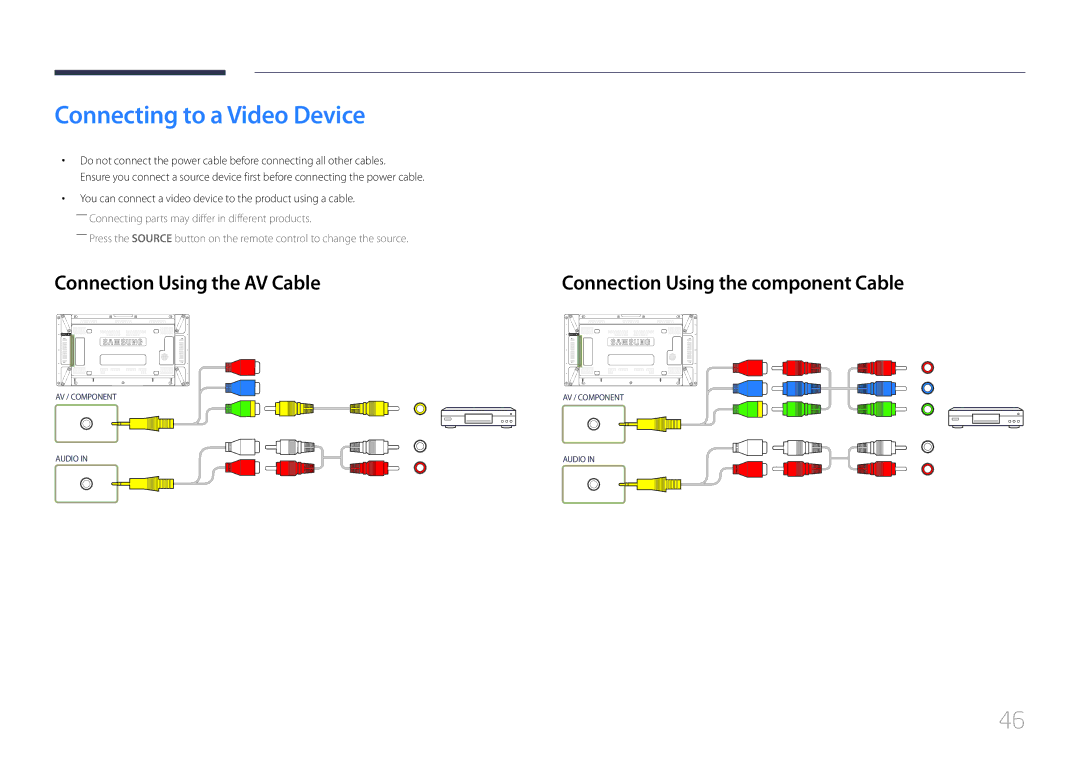 Samsung LH55UDDPLBB/XT, LH55UDDPLBB/EN, LH55UDDPLBP/EN manual Connecting to a Video Device, Connection Using the AV Cable 