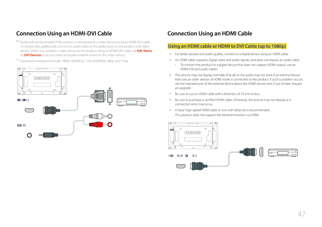 Samsung LH55UDDPLBB/XY manual Connection Using an HDMI-DVI Cable, Using an Hdmi cable or Hdmi to DVI Cable up to 1080p 