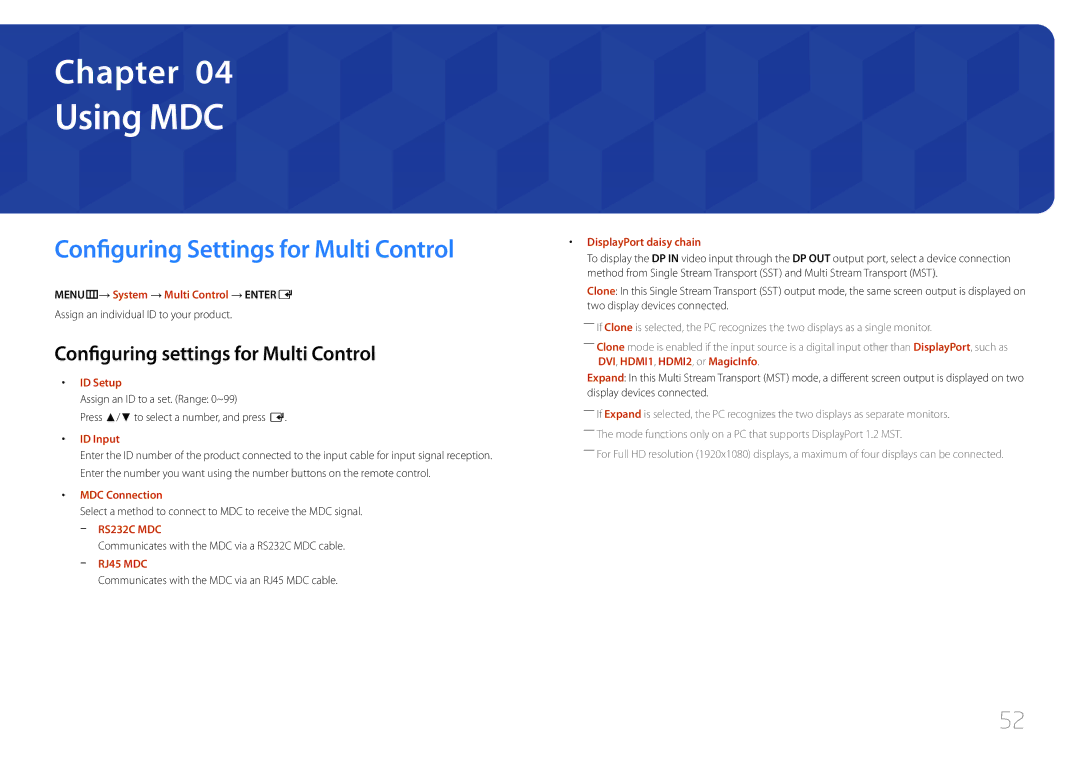 Samsung LH55UDDPLBB/XT manual Using MDC, Configuring Settings for Multi Control, Configuring settings for Multi Control 