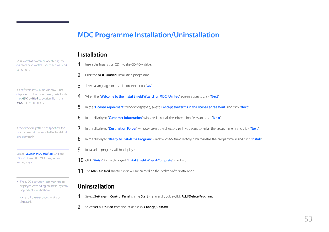 Samsung LH55UDDPLBB/XY, LH55UDDPLBB/EN, LH55UDDPLBP/EN, LH55UDDPLBB/NG manual MDC Programme Installation/Uninstallation 