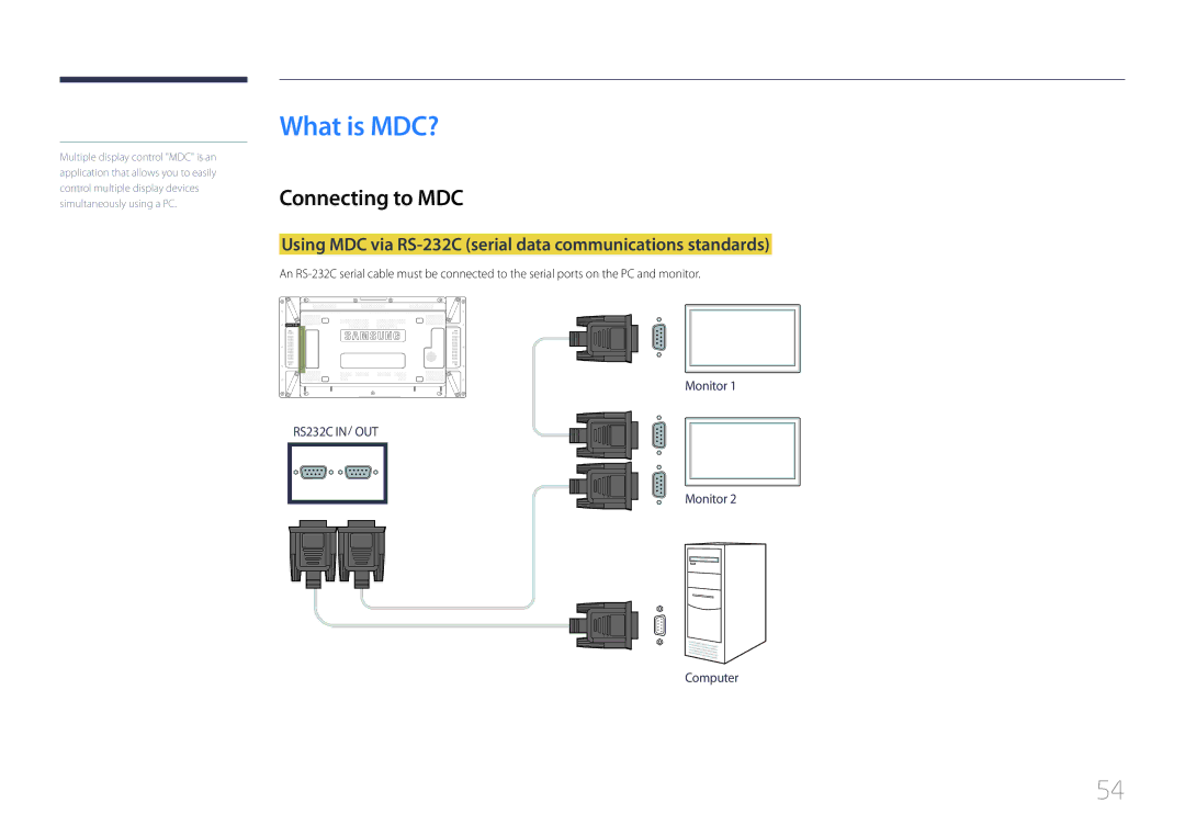 Samsung LH55UDDPLBB/EN manual What is MDC?, Connecting to MDC, Using MDC via RS-232C serial data communications standards 
