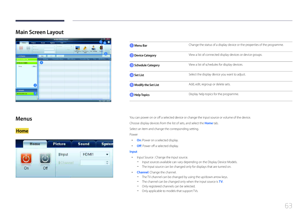 Samsung LH55UDDPLBB/UE, LH55UDDPLBB/EN, LH55UDDPLBP/EN, LH55UDDPLBB/NG, LH55UDDPLBB/XT manual Main Screen Layout Menus 