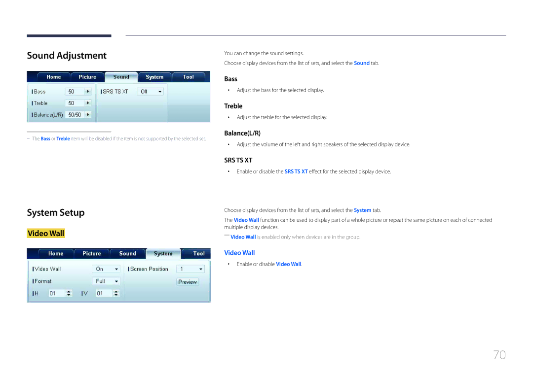 Samsung LH55UDDPLBB/XT, LH55UDDPLBB/EN manual Sound Adjustment, System Setup, Adjust the bass for the selected display 