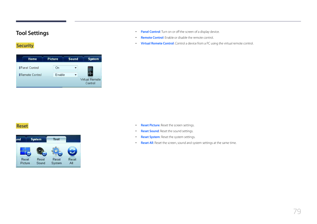 Samsung LH55UDDPLBP/EN, LH55UDDPLBB/EN, LH55UDDPLBB/NG, LH55UDDPLBB/UE, LH55UDDPLBB/XT manual Tool Settings, Security Reset 