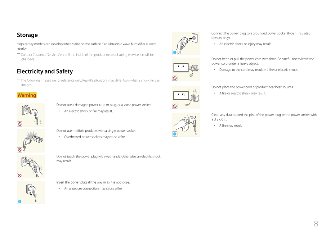 Samsung LH55UDDPLBB/NG, LH55UDDPLBB/EN, LH55UDDPLBP/EN, LH55UDDPLBB/UE, LH55UDDPLBB/XT manual Storage, Electricity and Safety 