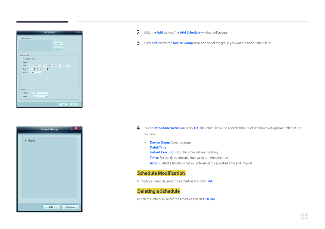 Samsung LH55UDDPLBB/NG, LH55UDDPLBB/EN, LH55UDDPLBP/EN, LH55UDDPLBB/UE manual Schedule Modification, Deleting a Schedule 