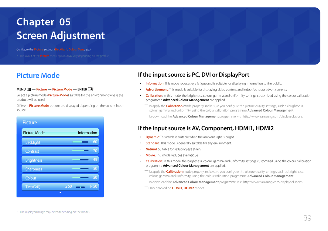 Samsung LH55UDDPLBB/XY, LH55UDDPLBB/EN manual Screen Adjustment, Picture Mode, If the input source is PC, DVI or DisplayPort 