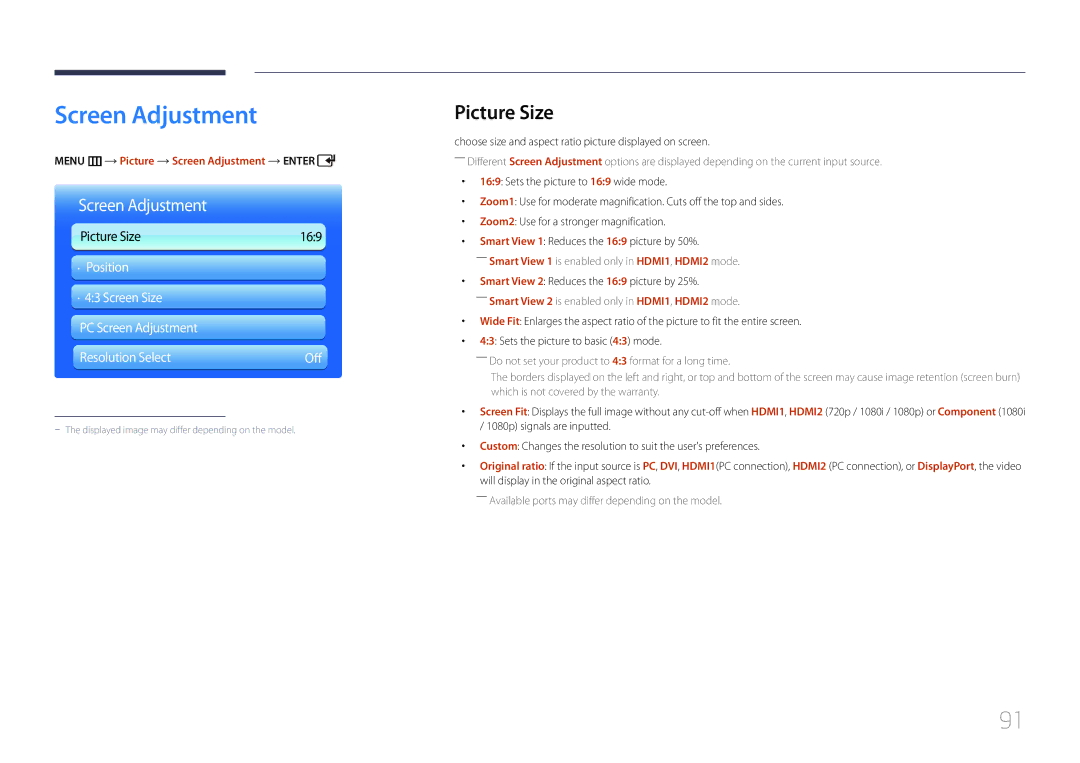 Samsung LH55UDDPLBP/EN, LH55UDDPLBB/EN, LH55UDDPLBB/NG manual Picture Size, Menu m Picture Screen Adjustment Enter 