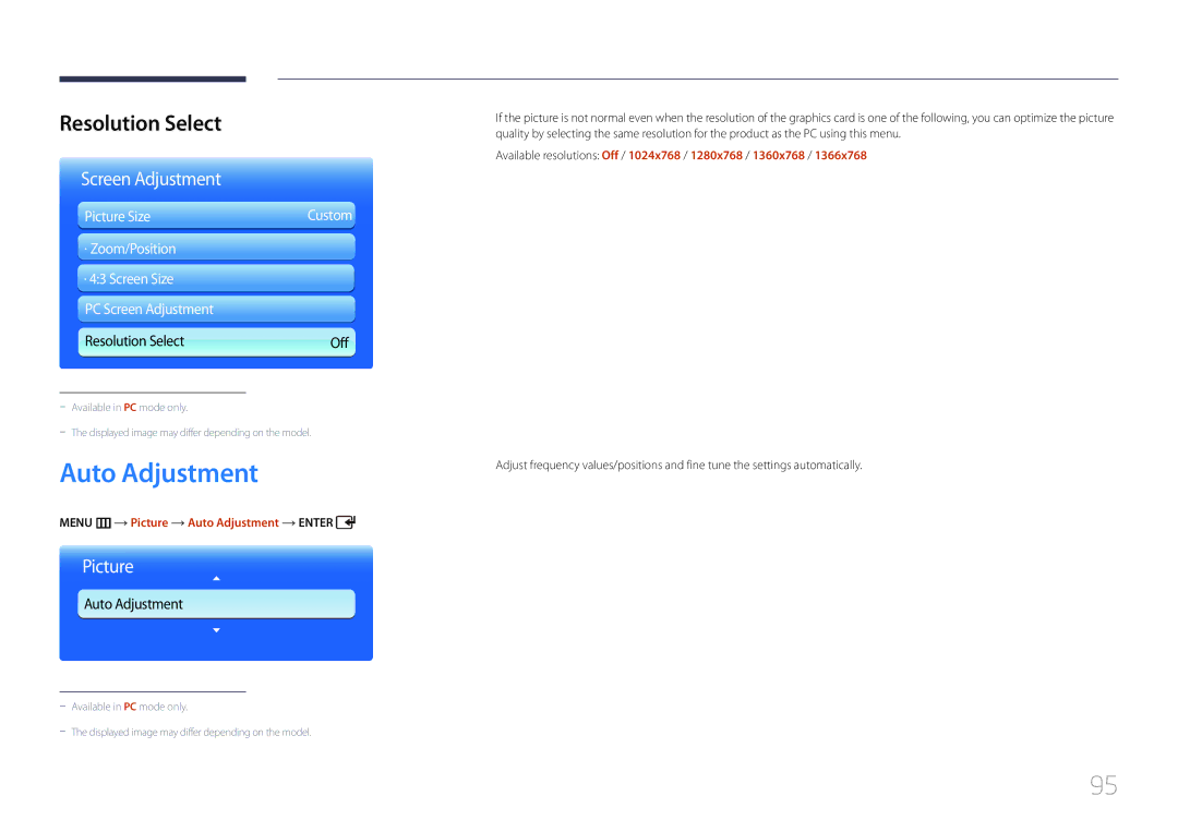 Samsung LH55UDDPLBB/XY, LH55UDDPLBB/EN, LH55UDDPLBP/EN manual Resolution Select, Menu m Picture Auto Adjustment Enter 