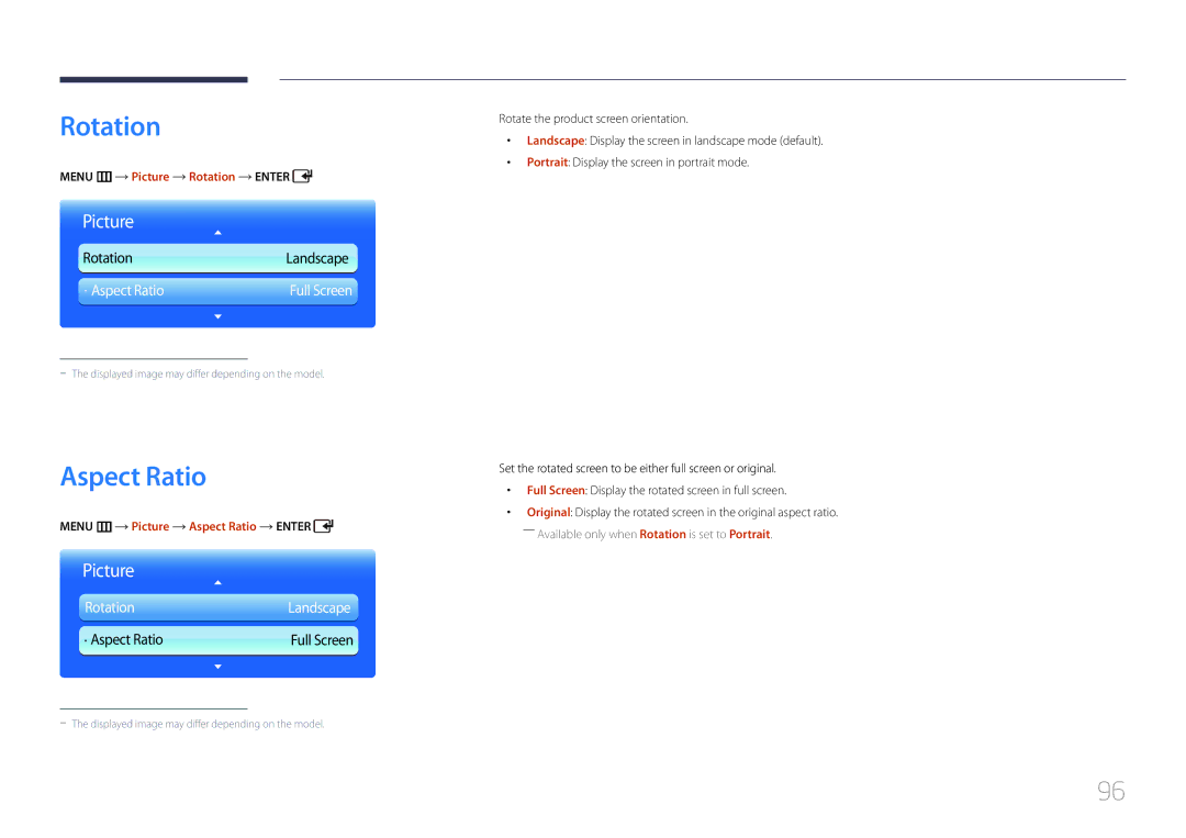 Samsung LH55UDDPLBB/EN, LH55UDDPLBP/EN manual Menu m Picture Rotation Enter, Menu m Picture Aspect Ratio Enter 