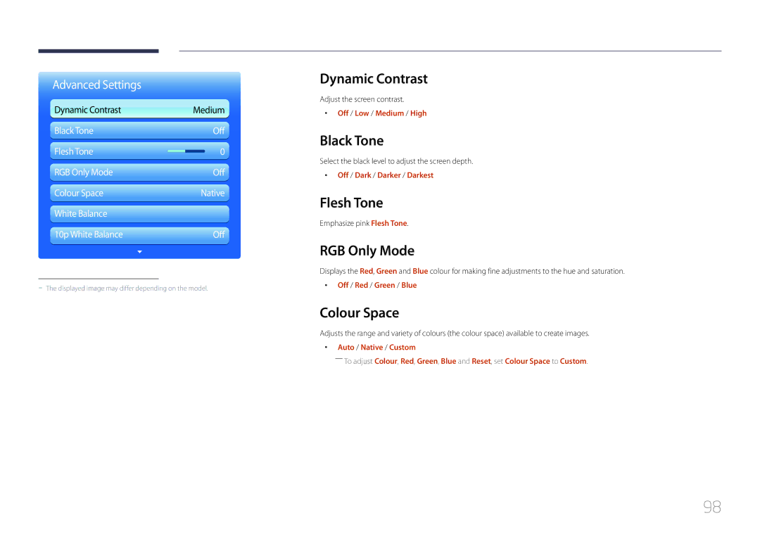 Samsung LH55UDDPLBB/NG, LH55UDDPLBB/EN manual Dynamic Contrast, Black Tone, Flesh Tone, RGB Only Mode, Colour Space 