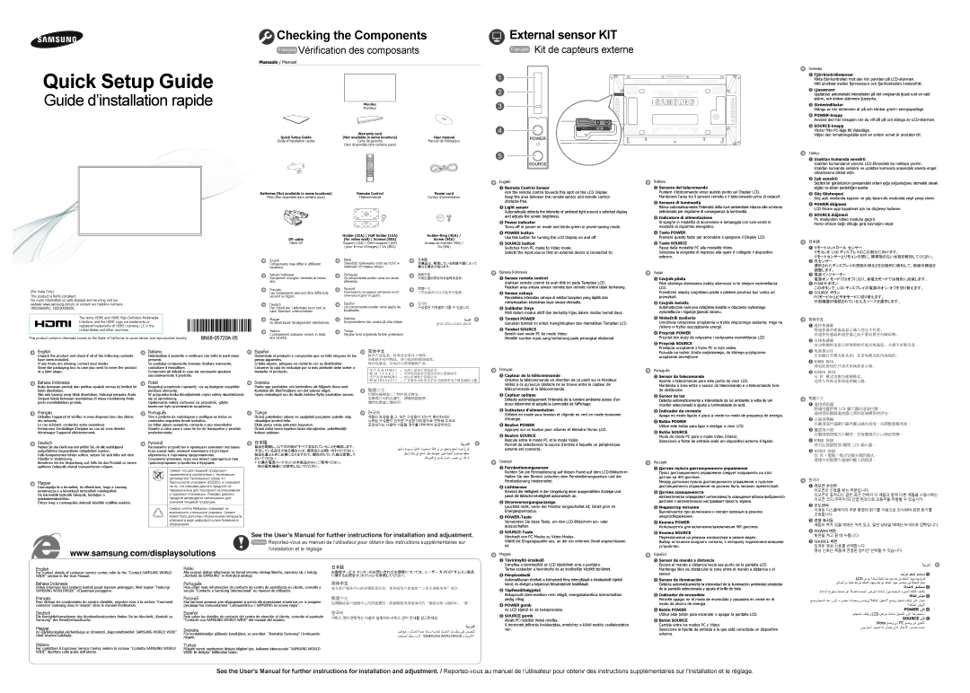 Samsung LH55UDDPLBP/EN manual English Italiano, Bahasa Indonesia Polski, Français Português, Español, Svenska, Türkçe 