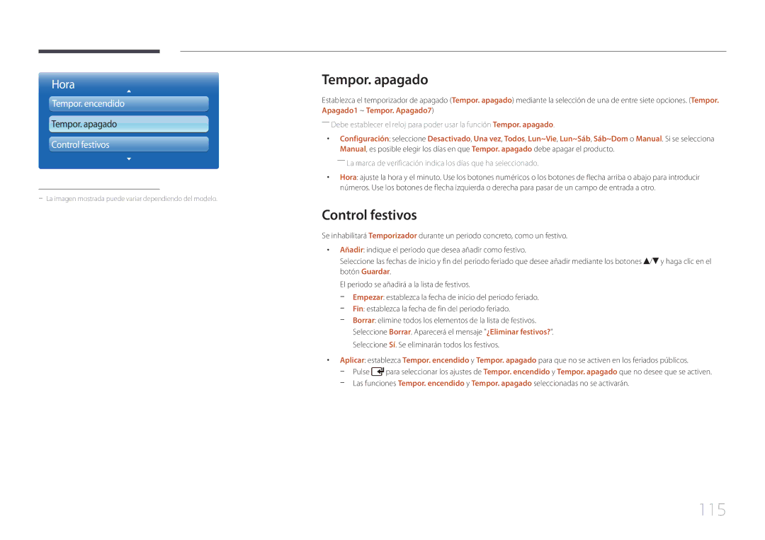 Samsung LH55UDDPLBP/EN, LH55UDDPLBB/EN manual 115, Tempor. apagado, Control festivos 