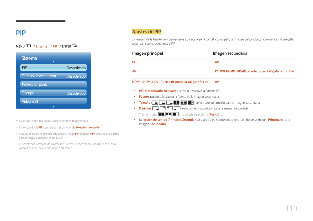 Samsung LH55UDDPLBP/EN manual 119, Ajustes de PIP, Imagen principal Imagen secundaria, Menu m Sistema PIP Enter, Tamaño 