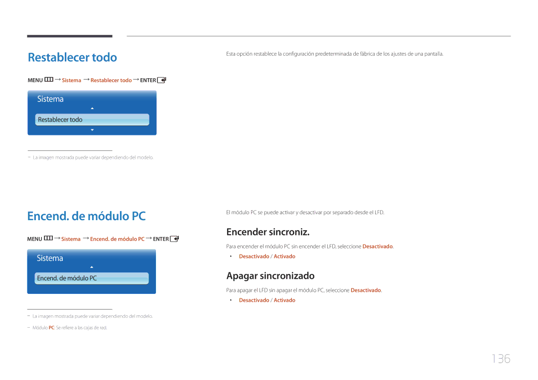 Samsung LH55UDDPLBB/EN manual Restablecer todo, Encend. de módulo PC, 136, Encender sincroniz, Apagar sincronizado 