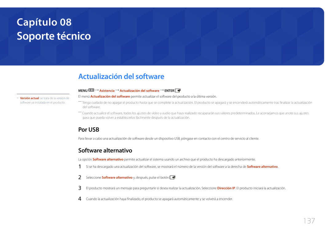 Samsung LH55UDDPLBP/EN, LH55UDDPLBB/EN Soporte técnico, Actualización del software, 137, Por USB, Software alternativo 